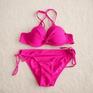 LA VIE EN ROSE AQUA Hot Pink Ribbed Bikini Adjust Bottom XS Push Up Top Small
